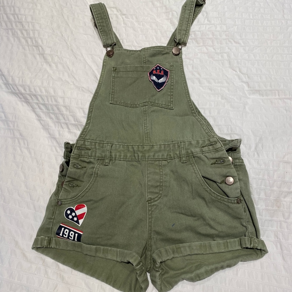 Vintage army green patch overalls
